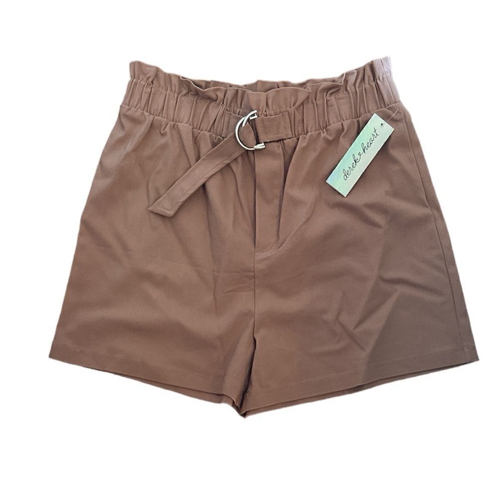 Derek Heart Paper Bag Cinched Stretchy High Waist Belted Tan Shorts Large L NWT